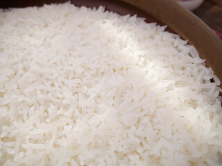 Fresh Cooked White Rice in Wooden Bowl - Asian Food Staple Close-up