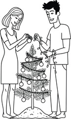 Couple decorating a christmas tree with ornaments and string lights together on transparent background