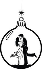 Romantic couple shares a kiss inside a christmas ornament decoration art on transparent background