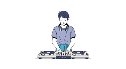 Young music mixer in action creating unique rhythms and soundscapes on a professional audio setup in an expressive illustration