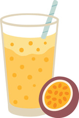 Passion fruit smoothie with seeds and straw in clear glass