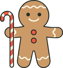Smiling gingerbread cookie character holding a candy cane