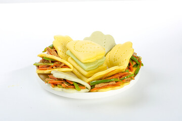 Korean Pancake with Shredded Pork and Green Peppers Served with Traditional Ruffled Bun