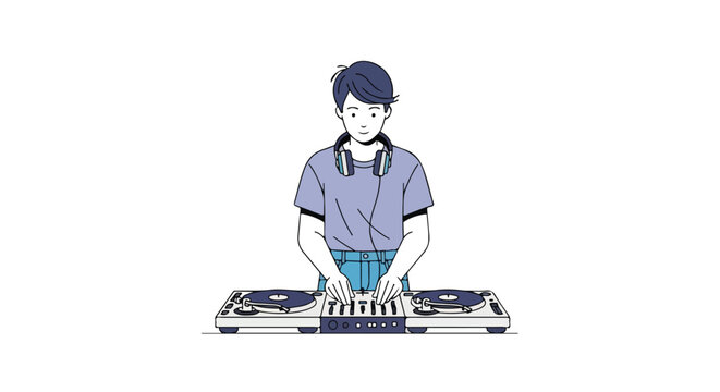 Young music mixer in action creating unique rhythms and soundscapes on a professional audio setup in an expressive illustration