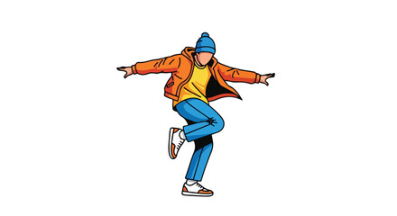 Obraz premium Cartoon illustration of a dancer performing a dynamic pose against a stark white backdrop showing energy and movement highlighting the joy of dance