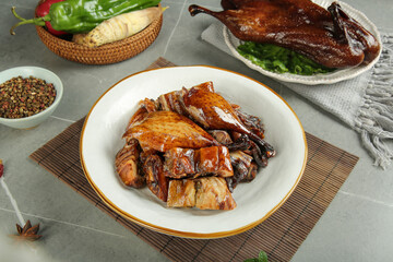 Traditional Chinese Waxed Goose and Air-Dried Preserved Meats from Liyang with Fresh Vegetables and Spices