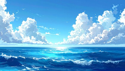 A beautiful, stylized seascape shows a vast ocean under a vibrant, cloud-filled sky with rays of sunlight reflecting on the waves