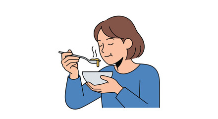 Cartoon depiction of a woman relishing a steaming bowl of soup with a spoon with eyes closed, savoring the aroma and flavor profile in detail