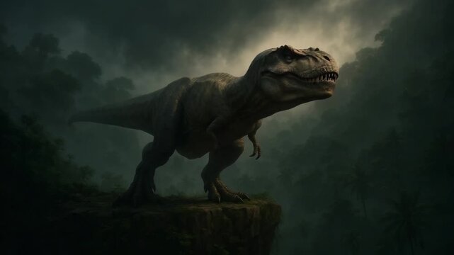 A dinosaur resembling a T. rex standing on a rocky cliff in a misty jungle.