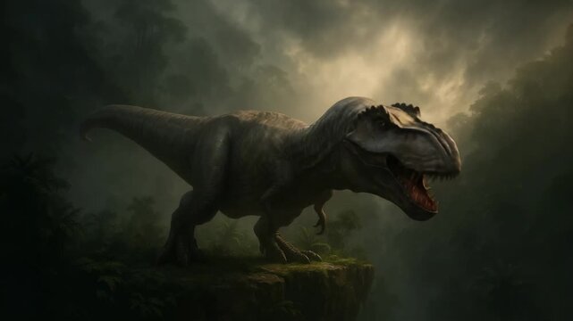 A roaring Tyrannosaurus rex stands on a moss-covered cliff in a misty jungle, jaws wide open.