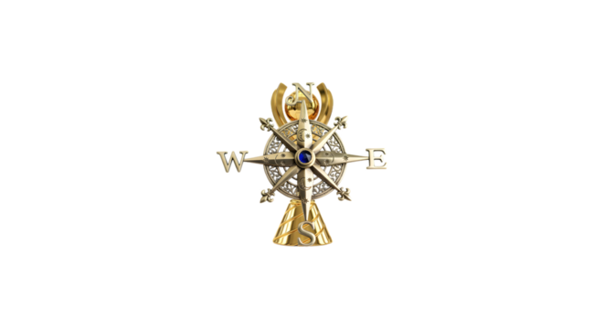 A vintage compass rose, isolated on transparent background, features intricate details and a central blue jewel, evoking a sense of exploration and adventure
