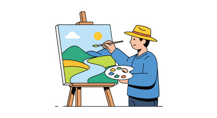 Illustrative depiction of a man painting a landscape scene on a canvas with vibrant colors and a cheerful artistic expression