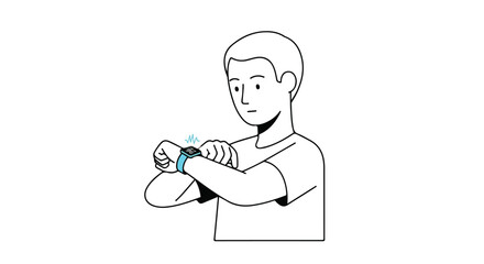 Line Art Illustration: Young Man Checking Heart Rate on Smartwatch in Simplified Style Design 150 character