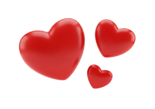 Illustration of three red hearts of different sizes, isolated on transparent background on transparent background