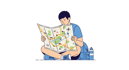 Adventurous explorer with roadmap, planning a route for an outdoor trek and adventure, journey navigation and discovery exploration planning with