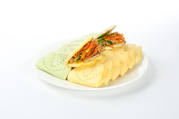 Handmade Spring Rolls with Shredded Pork and Ruffled Chips on White Plate