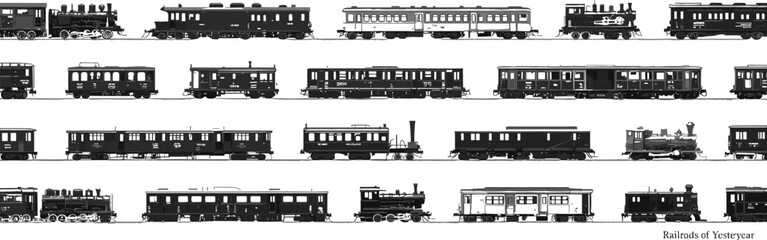 Collection of vintage trains, steam locomotives, railway carriages, old transportation, retro rail engines, historical vehicles - cad drawing flat vector illustration