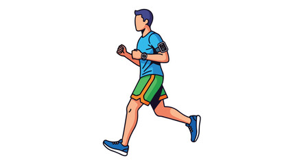 Dynamic vector illustration depicting a man running with wearable technology for fitness tracking and digital connectivity while jogging on a plain