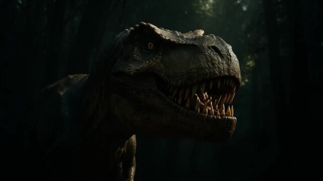 A roaring Tyrannosaurus rex with sharp teeth in a dark, shadowy forest.