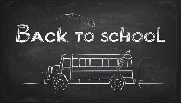 A 'Back to School' chalk drawing with a school bus and a pencil on a dark chalkboard background with a chalkboard texture