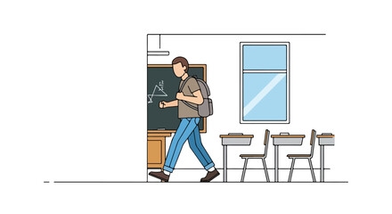Sketch illustration: Student walking out of classroom after math lesson conceptual scene depiction with blackboard and desks portraying academic