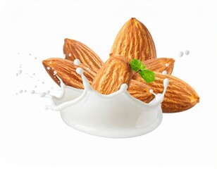 Fresh natural almond milk splash swirl with almonds isolated. Healthy splashing almonds milk or milkshake, almond seeds, yogurt splash. 