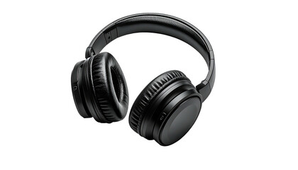Black over-ear headphones angled, showing adjustable headband and earcups