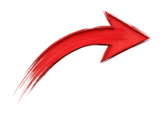 Illustration of a vibrant red arrow with a brush stroke texture, pointing upwards and to the right, isolated on transparent background on transparent background
