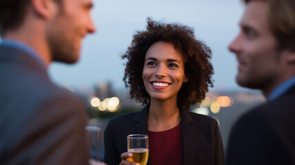 Smiling businesswoman networking with colleagues at rooftop cafe during evening, holding drink, city lights in background