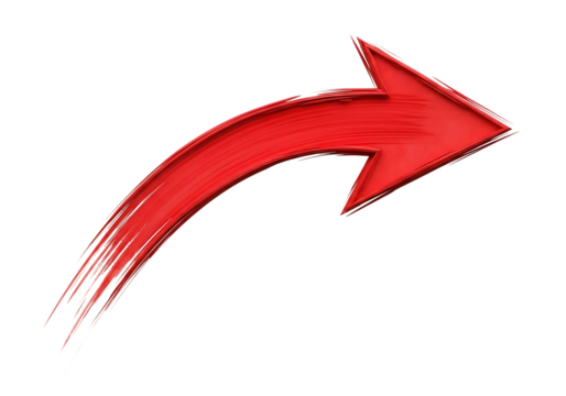 Illustration of a vibrant red arrow with a brush stroke texture, pointing upwards and to the right, isolated on transparent background on transparent background