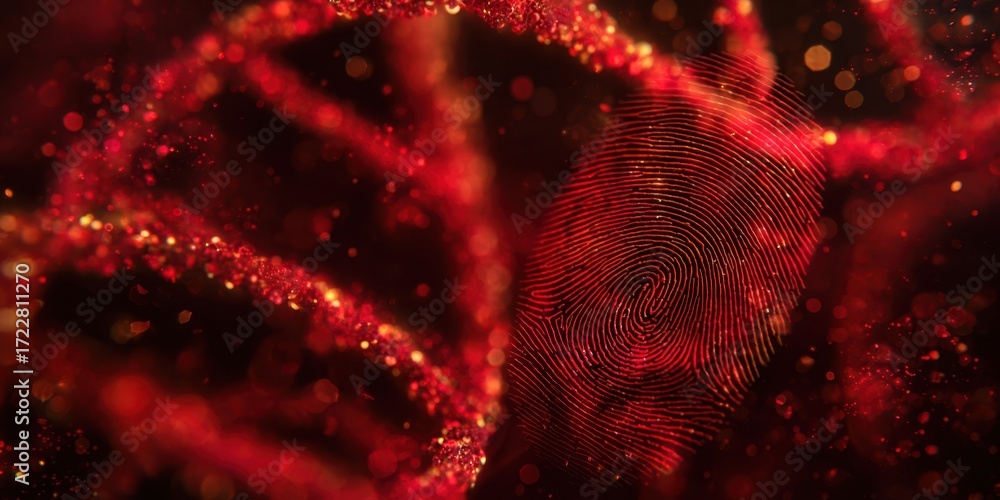 Poster the integration of fingerprint and dna in a captivating abstract visualization.