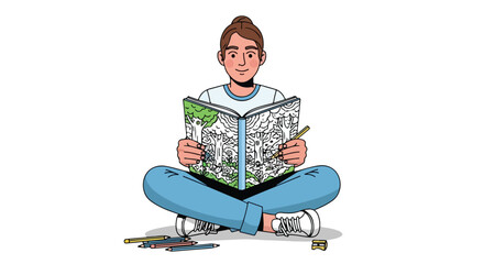 Illustration of a young adult coloring an intricate forest scene in a coloring book while sitting in a relaxed cross-legged position on the floor
