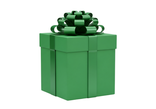 Illustration of a green gift box with a green ribbon and bow, isolated on transparent background on transparent background