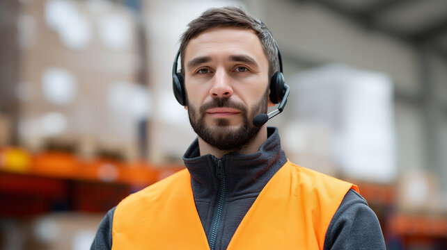 Warehouse manager headset orange vest male logistics supervisor standing warehouse background confident - Powered by Adobe