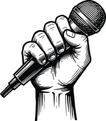 Hand holding microphone, black and white illustration, music performance artwork, singer graphic design, broadcasting symbol sketch, speech communication concept drawing