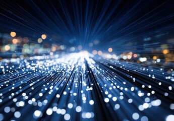 A bright array of shining fibers, clustered and radiating outward with out-of-focus warm lights in background, on dark background, with blue glowing tips