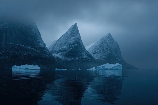 Misty arctic peaks reflected in dark water