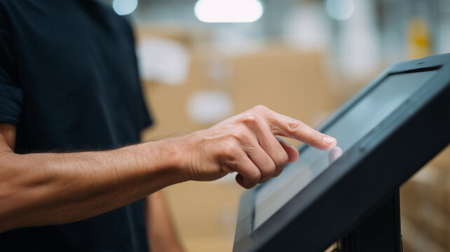Man using touch screen inventory management system in warehouse, modern technology, efficient, focused, digital interface, logistics