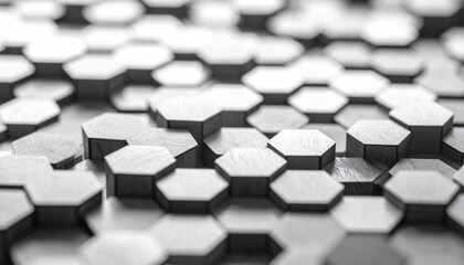 Abstract monochrome image of raised, interconnected hexagonal shapes varying in focus, creating depth and a textured, geometric surface