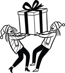 Two women carrying a large christmas gift together in winter clothing on transparent background