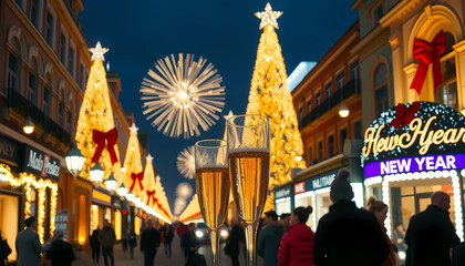 Holiday celebration features sparkling glasses of champagne in a festive street adorned with lights and decorations Generative AI