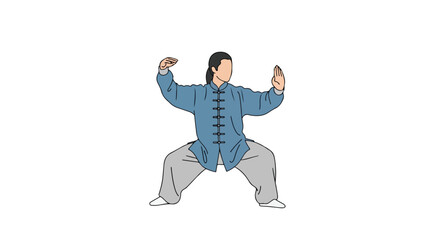 Tai Chi Practitioner in Traditional Attire Demonstrating Balance and Focus on White Background, Promoting Wellness Through Mindful Movement and