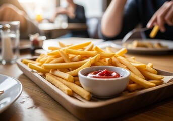 Friends enjoying a platter of fries with ketchup at a cozy gathering