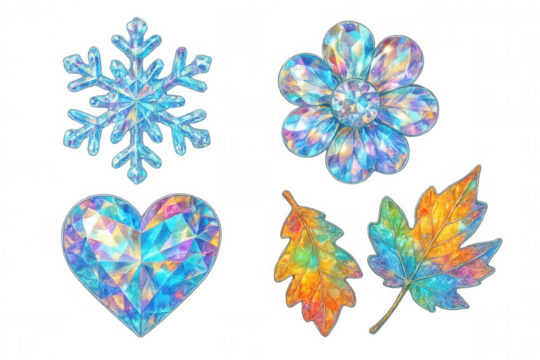 Gemstone shapes representing seasons and love: sparkling crystal snowflake, flower, heart, and colorful leaves