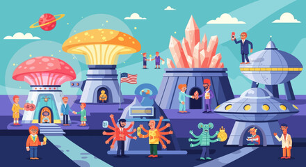 Obraz premium Whimsical Alien Village with Mushroom Houses and Crystal Towers, populated by diverse alien characters.