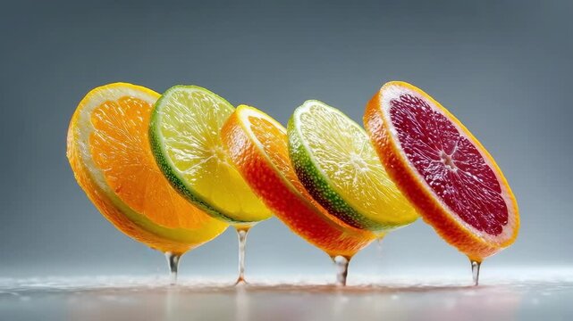 Assorted citrus fruit slices (orange, lime, lemon, grapefruit) arranged in a row with droplets of water splashing.