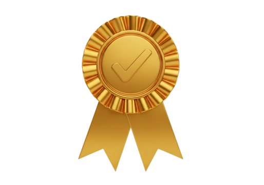 Illustration of a golden rosette award with a checkmark symbol in the center, isolated on a transparent background on transparent background