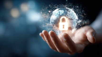human hand holds  glowing digital globe with  prominent padlock symbol representing global security and data protection