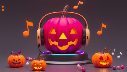 Pumpkin with headphones surrounded by smaller pumpkins celebrating Halloween with music notes floating around Generative AI