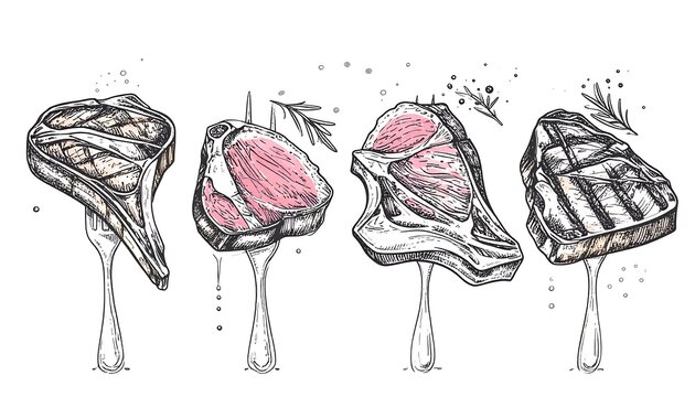 Hand-drawn illustration of various grilled steaks on forks